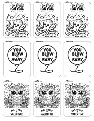 Free valentines day cards I'm stuck on you, you blow me away, and owl be your valentine. 