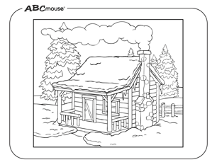 Free printable winter cabin coloring page from ABCmouse.com.