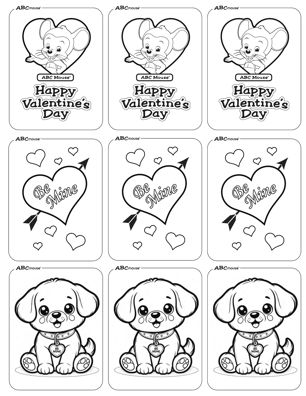 ABCmouse Happy Valentines Day heart, Be mine heart, and doggy free printable Valentine cards.