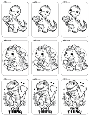 Dinosaur holding a heart that says love, Dino mite, and your t-rrific free printable Valentines Day cards. 