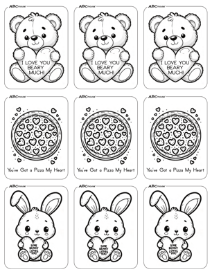 I love you beary much, you've got a pizza my heart, some bunny loves you, free printable Valentines day cards from ABCmouse.com.