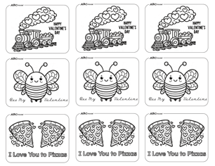 Happy Valentines day train, bee Valentine, I love you to pizzas free printable Valentines Day cards from ABCmouse.com.