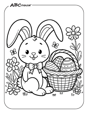 Free printable Easter bunny next to a basket of eggs coloring page from ABCmouse.com. 