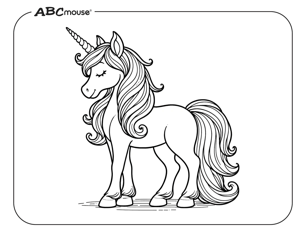 Free printable regal unicorn coloring page from ABCmouse.com. 