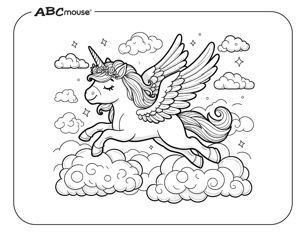 Free printable unicorn flying in the clouds coloring page from ABCmouse.com. 