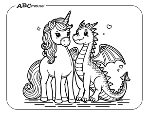 Free printable unicorn and dragon coloring page from ABCmouse.com. 