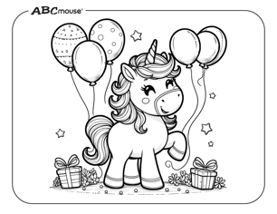 Free printable baby unicorn with baloons coloring page from ABCmouse.com. 