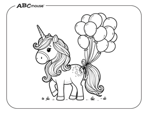Free printable unicorn with balloons tied to its tail coloring page from ABCmouse.com. 