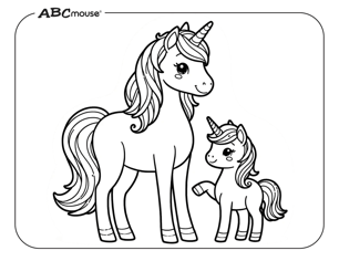 Free printable mom and baby unicorn coloring page from ABCmouse.com. 