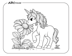 Free printable unicorn smelling a flower coloring page from ABCmouse.com. 
