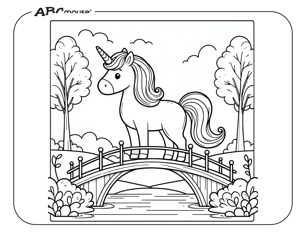 Free printable unicorn standing on a bridge coloring page from ABCmouse.com. 