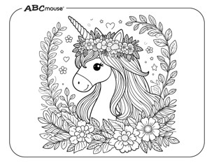 Free printable unicorn with floral wreath coloring page from ABCmouse.com. 