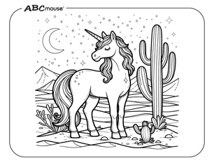 Free printable unicorn in the desert coloring page from ABCmouse.com. 