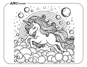 Free printable unicorn bubble rainbow coloring page from ABCmouse.com. 