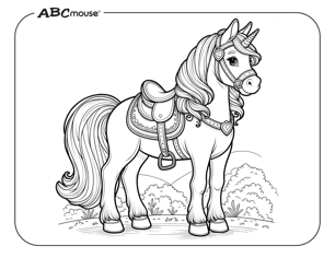 Free printable unicorn with a saddle coloring page from ABCmouse.com. 