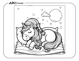 Free printable unicorn sleeping coloring page from ABCmouse.com. 