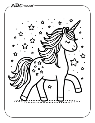 Free printable unicorn with stars coloring page from ABCmouse.com. 