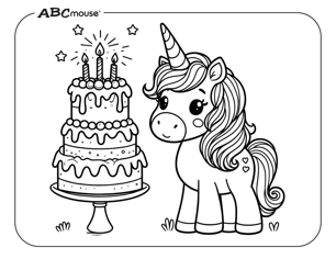 Free printable unicorn with a birthday cake coloring page from ABCmouse.com. 