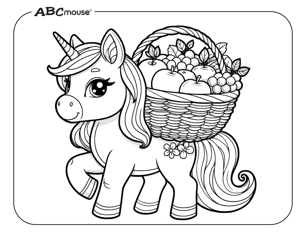 Free printable unicorn with a basket of fruit on its back coloring page from ABCmouse.com. 