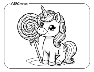 Free printable unicorn with a lollipop coloring page from ABCmouse.com. 