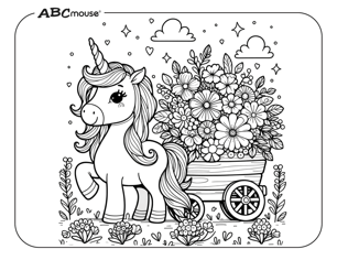 Free printable unicorn with a wagon of flowers coloring page from ABCmouse.com. 