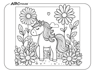 Free printable unicorn in a field of flowers coloring page from ABCmouse.com. 