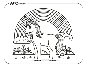 Free printable unicorn standing undera a rainbow coloring page from ABCmouse.com. 