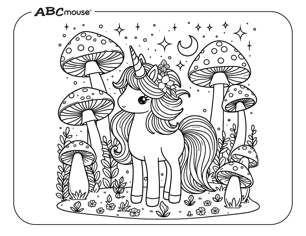 Free printable unicorn with toad stools coloring page from ABCmouse.com. 