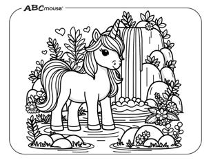 Free printable unicorn next to a waterfall coloring page from ABCmouse.com. 