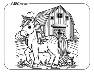 Free printable unicorn in front of a barn coloring page from ABCmouse.com. 