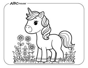 Free printable unicorn with flowers coloring page from ABCmouse.com. 