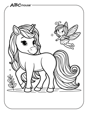Free printable unicorn and fairy coloring page from ABCmouse.com. 