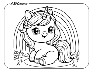 Free printable baby unicorn with rainbow coloring page from ABCmouse.com. 