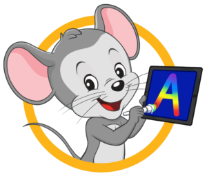 ABCmouse holding a colorful letter A. 