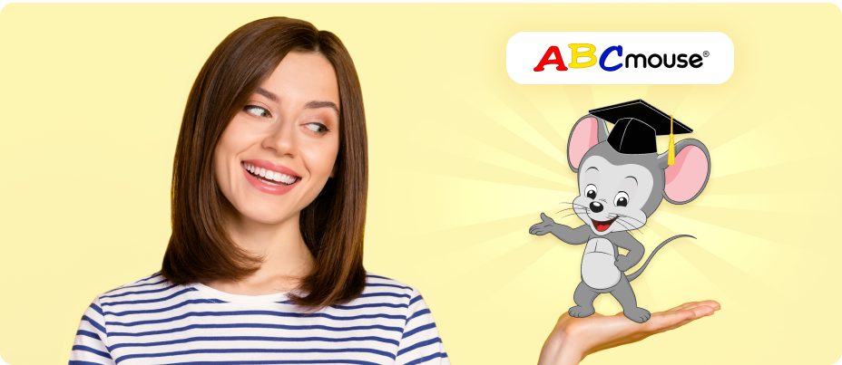 ABCmouse standing shining on the hand of a young mom. 