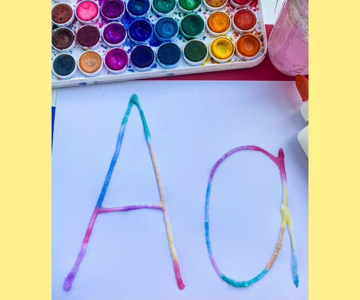 Salt painting letter A craft for kids. 