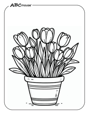 Free printable tulips in a pot coloring page from ABCmouse.com. 