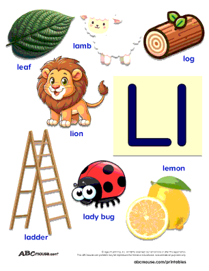 Words that start with the letter l colorful printable poster for kids. Leaf, lamb, log, ladder, lion, lady bug, lemon. 