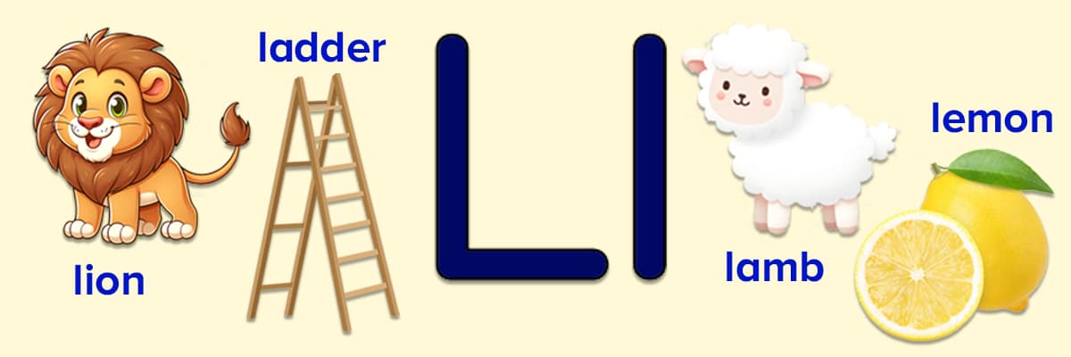 Letter L word lists for kids. Lion, ladder, lamb, lemon. 