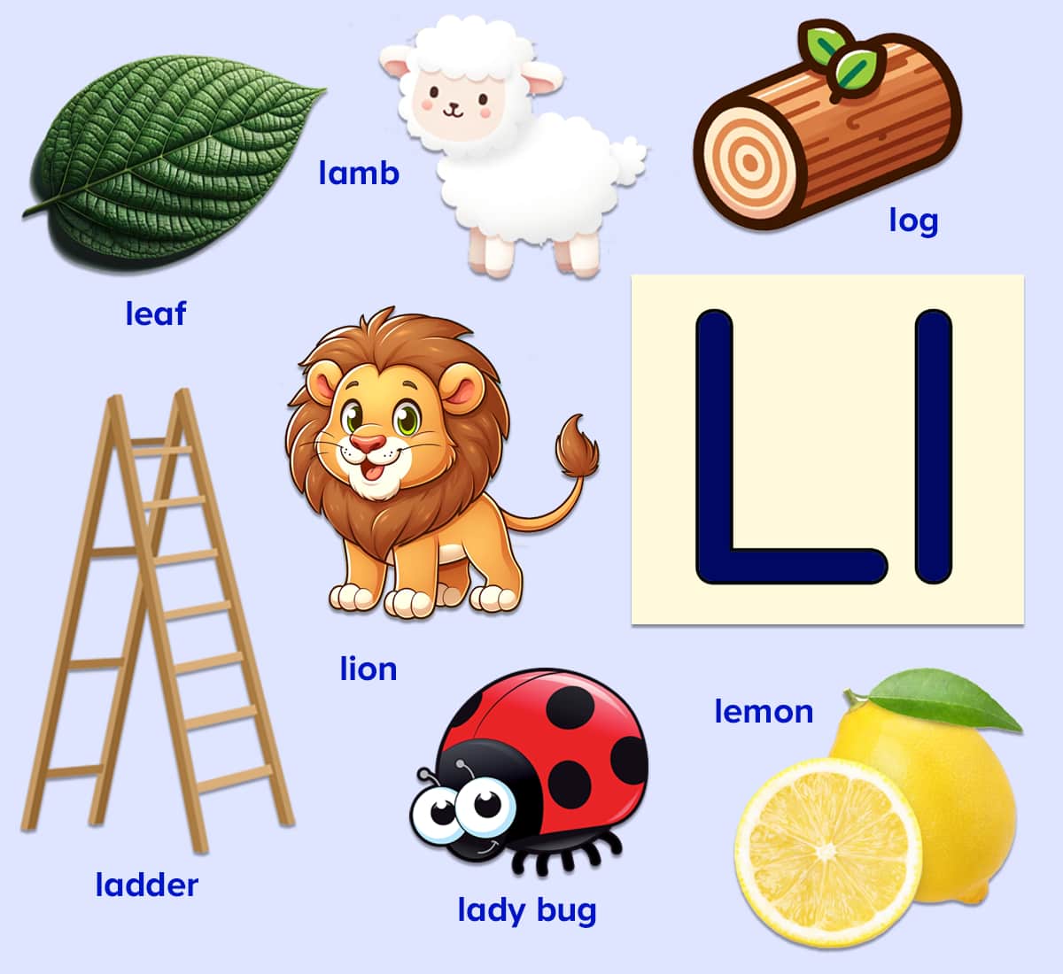 Words that start with the letter l poster for kids. Leaf, lamb, log, ladder, lion, lady bug, lemon. 
