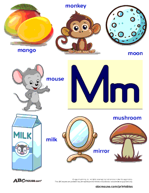 Free printable words that start with the letter M colored poster for kids. 