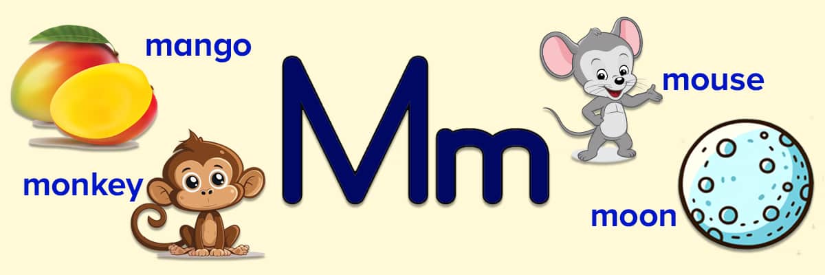 Words that start with the letter M for kids. Monkey, mango, mouse, moon. 