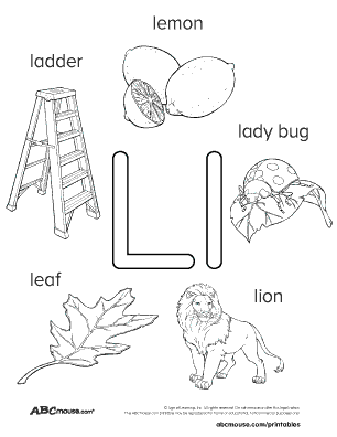 Black and white words that start with the letter l poster for kids. Ladder, leaf, lion, lady but, lemon. 