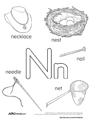 Words that start with letter n black and white poster to color for kids. 