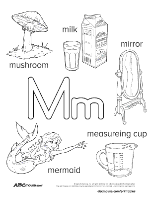 Free printable words that start with the letter M black and white poster for kids. 