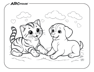 Free printable cat with puppy coloring pages for kids from ABCmouse.com. 