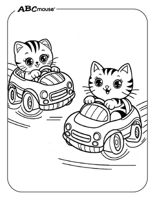 Free printable cats in race cars coloring pages for kids from ABCmouse.com. 