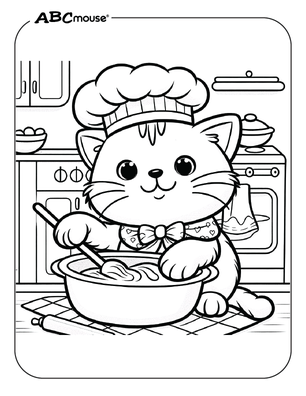 Free printable cat baking coloring pages for kids from ABCmouse.com. 