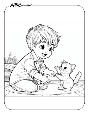 Free printable boy playing with kitten coloring pages for kids from ABCmouse.com. 