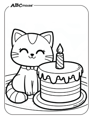 Free printable cat with birthday cake coloring pages for kids from ABCmouse.com. 